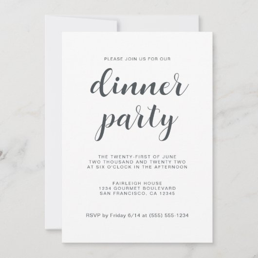 Einfaches Chic Script White Dinner Party Einladung (Vorderseite)