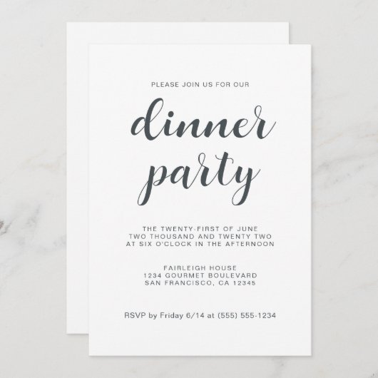 Einfaches Chic Script White Dinner Party Einladung (Vorne/Hinten)