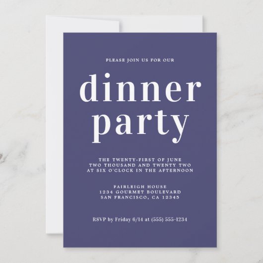 Einfaches Chic Typografy Navy Blue Dinner Party Einladung (Vorderseite)