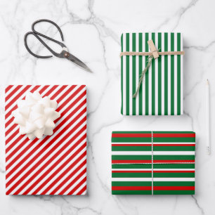 Einfaches Chic Weißes Streifenmuster auf Rot und G Geschenkpapier Set