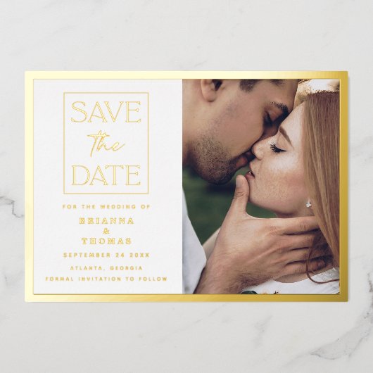 Einfaches Classic Foto Wedding Gold Save the Date Folieneinladung (Vorderseite)