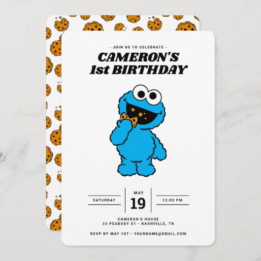 Einfaches Cookie Monster 1. Geburtstag Einladung (Vorne/Hinten)