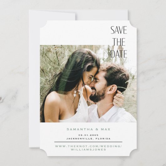 Einfaches Couple Foto Sage Ticket Save the Date (Vorderseite)