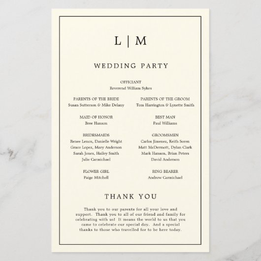 Einfaches Cream Monogram Elegant Wedding Programm (Rückseite)