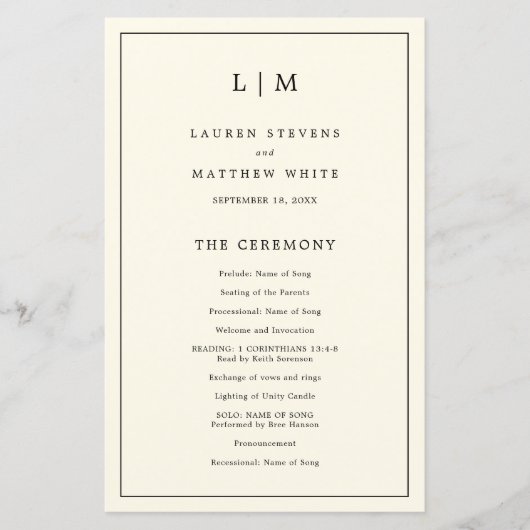 Einfaches Cream Monogram Elegant Wedding Programm (Vorderseite)