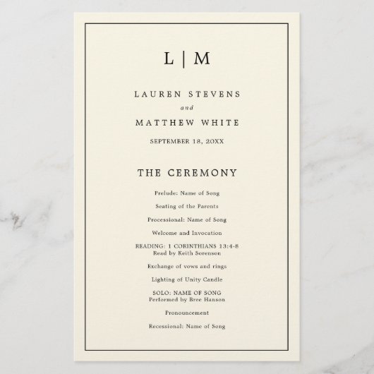 Einfaches Cream Monogram Elegant Wedding Programm (Vorderseite)