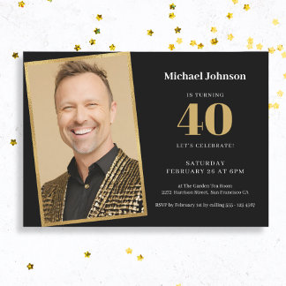 Einfaches Custom Foto Black Gold 40. Geburtstag Pa Einladung