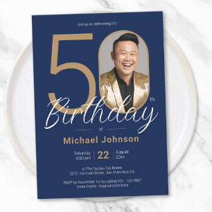 Einfaches Custom Foto Gold Navy Blue 50. Geburtsta Einladung