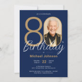 Einfaches Custom Foto Gold Navy Blue 80. Geburtsta Einladung (Vorderseite)