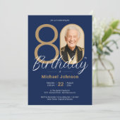 Einfaches Custom Foto Gold Navy Blue 80. Geburtsta Einladung (Stehend Vorderseite)
