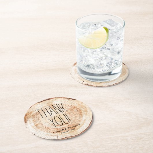 Einfaches Dankeschön an Wood Grain Rustic Wedding Runder Pappuntersetzer (Vor Ort)