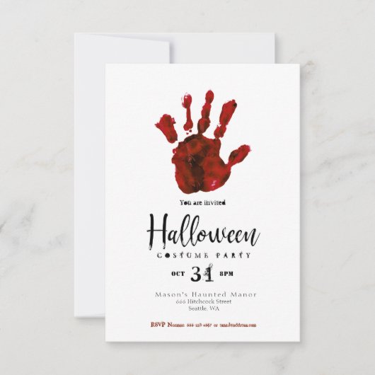 Einfaches Design Bloody Hand Halloween-Party laden Einladung (Vorderseite)