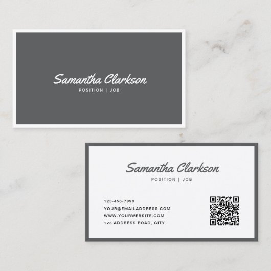 Einfaches dunkles Grau-Cursive Skriptgrenze QR-Cod Visitenkarte (Vorne/Hinten)