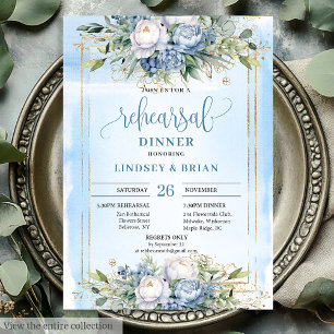 Einfaches Dusty Blue Floral Gold Frame Dinner lade Einladung