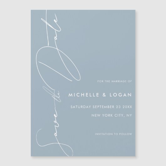 Einfaches Dusty Blue Modern Script Save the Date Magneteinladung (Vorderseite)