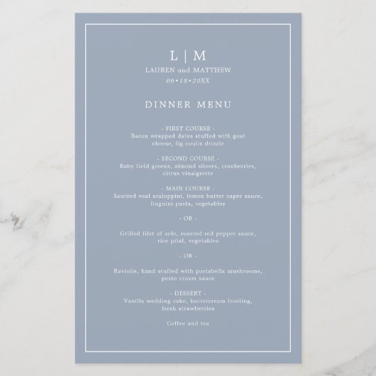 Einfaches Dusty Blue Monogram Elegant Wedding Menu (Vorderseite)