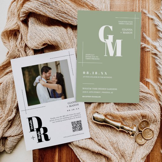 Einfaches Dusty Green Modern Minimal Wedding QR Co Einladung