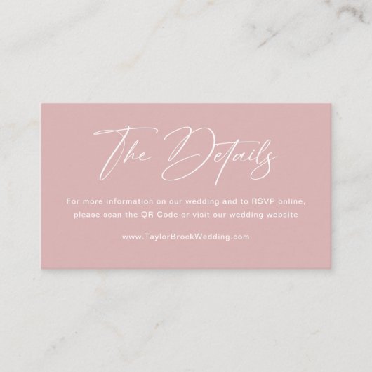 Einfaches Dusty Pink-Hochzeitstil-Website Qr-Code Begleitkarte (Vorderseite)