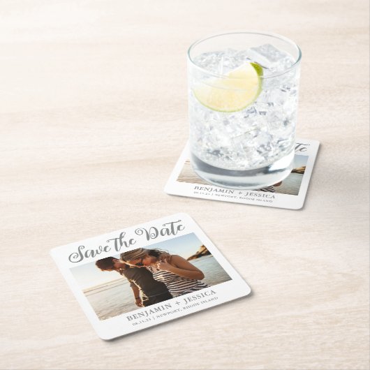 Einfaches Ein-Foto-Hochzeit speichern Sie das Datu Rechteckiger Pappuntersetzer (Vor Ort)