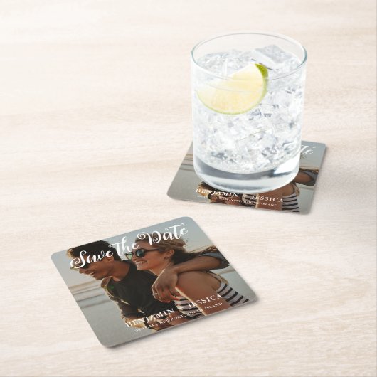 Einfaches Ein-Foto-Hochzeit speichern Sie das Datu Rechteckiger Pappuntersetzer (Vor Ort)