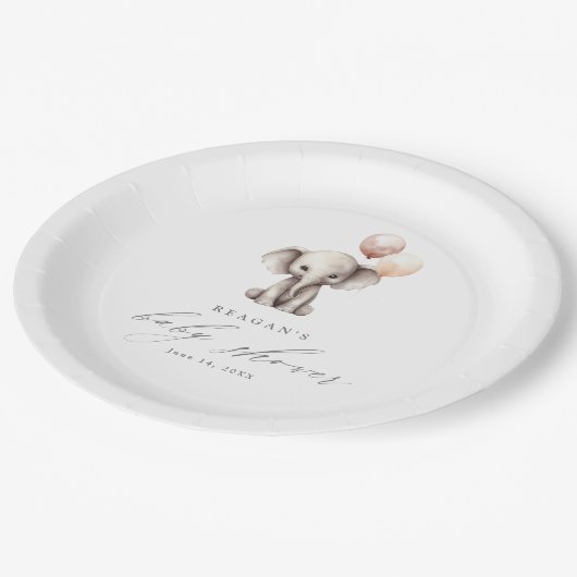 Einfaches Elefant mit Balloons-Neutral-Baby-Dusche Pappteller (Schrägansicht)