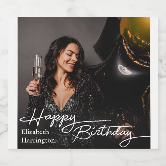 Einfaches Elegant Happy Birthday Foto Schaumweinetikett (Einzelnes Label)