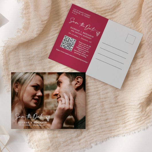 Einfaches Elegant Magenta Save the Date QR Code Fo Postkarte