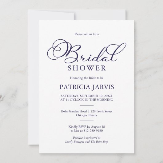 Einfaches Elegant Navy Blue Script Brautparty Einladung (Vorderseite)