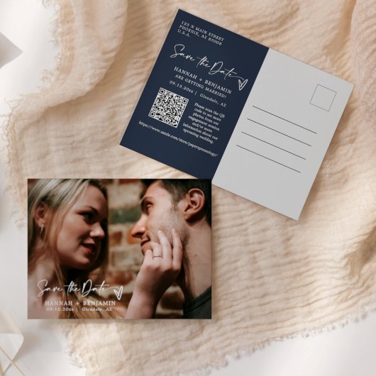 Einfaches Eleganter Marine Save the Date QR Code F Postkarte