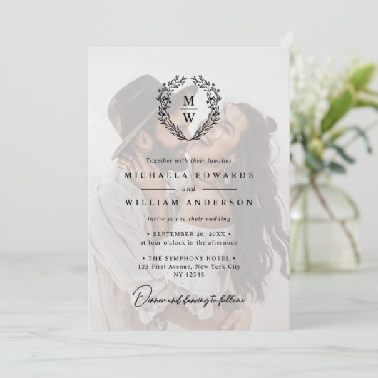 Einfaches elegantes 2-Foto-Textüberlagern Einladung (Stehend Vorderseite)