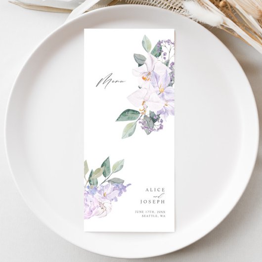 Einfaches elegantes Abendessen am Lilac Watercolor Menükarte