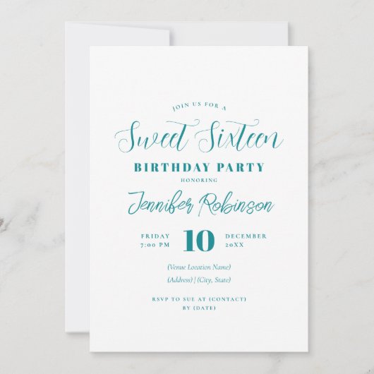 Einfaches elegantes Aquamarines Foto Sweet 16 Sech Einladung (Vorderseite)