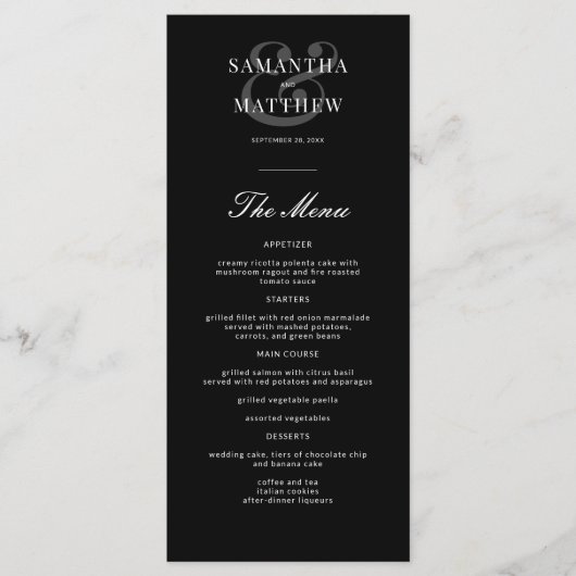 Einfaches elegantes Black Formal Wedding Menu Menükarte (Vorderseite)