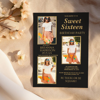 Einfaches elegantes Black Gold Foto 16 . Geburtsta Einladung
