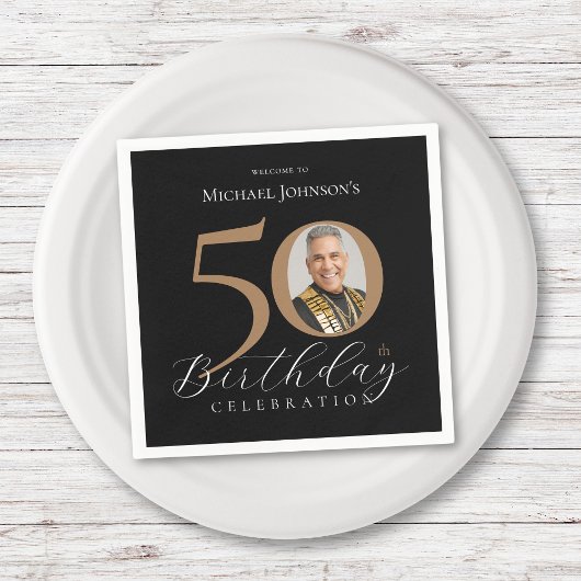 Einfaches elegantes Black Gold Foto 50. Geburtstag Serviette