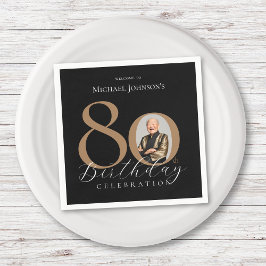 Einfaches elegantes Black Gold Foto 80. Geburtstag Serviette