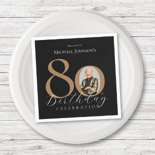 Einfaches elegantes Black Gold Foto 80. Geburtstag Serviette