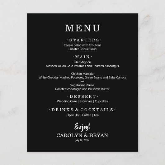 Einfaches elegantes Black Wedding Dinner Menü (Vorderseite)