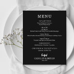 Einfaches elegantes Black Wedding Dinner Menü<br><div class="desc">Eine Karte mit schwarzer Dinner-Menükarte bietet Ihr Menü in schicken weißen Schriftzeichen. Ideal für einen modernen Hochzeitsempfang,  ein Hochzeitsdinner,  ein Jubiläum-Party oder ein besonderes Probe mit einem Dinner. Wählen Sie JEDEN FARBHINTERGRUND,  jeden FARBTEXT,  jeden SCHRIFTART! Lassen Sie sich einfach mit Ihrem Dinner-Menü und Details persönlich verwöhnen.</div>