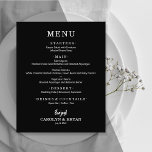 Einfaches elegantes Black Wedding Dinner Menü<br><div class="desc">Ein schwarzes Dinner-Menü mit schicken weißen Schriftzeichen. Ideal für einen modernen Hochzeitsempfang, ein Hochzeitsdinner, ein Jubiläum-Party oder ein besonderes Probe mit einem Dinner. Ein ausgezeichneter Wert, gedruckt auf 80lb Gewicht unbeschichtetes, mattes Weißpapier mit einem Gewicht von 4, 5" x 5, 6", aber Sie können aus 3 Papiergrößen für Ihr Menü...</div>