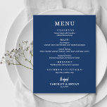 Einfaches elegantes blaues Hochzeitmenü der Marine<br><div class="desc">Eine kleine, preisgünstige, preiswerte, marokkanische Speisekarte mit Speisen in schick weißer Schrift eignet sich hervorragend für einen modernen Hochzeitsempfang, ein Hochzeitsdinner, ein Jubiläum-Party oder ein besonderes Abendessen mit einem Sitzabend. *Maßnahmen 4, 5" x 5, 6" (oder wählen Sie aus 2 anderen Größen), bedruckt auf 110 lb. Umschläge sind gegen Aufpreis...</div>