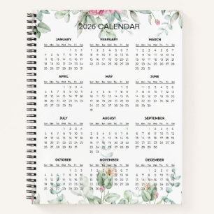 Einfaches elegantes botanisches Kalender 2026   No Notizblock