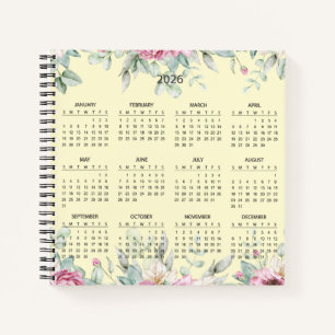 Einfaches elegantes botanisches Kalender 2026    Notizblock