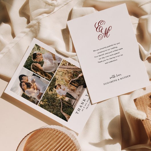 Einfaches elegantes Burgundy Red Monogram Foto Wed Dankeskarte