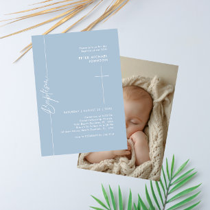 Einfaches elegantes Dusty Blue Baby Boy Baptism Fo Einladung