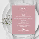 Einfaches, elegantes Dusty Rose Wedding Menu<br><div class="desc">Eine preisgünstige,  preiswerte Dinner-Karte auf staubiger Rose mit kulinarischen Köstlichkeiten in schicken weißen Schriftzeichen eignet sich hervorragend für einen modernen Hochzeitsempfang,  ein Hochzeitsdinner,  ein Jubiläum-Party oder ein besonderes Dinner. Maßnahmen 4, 5" x 5, 6" (oder wählen Sie aus 2 anderen Größen) auf 110 lb. Umschläge sind kostenpflichtig.</div>