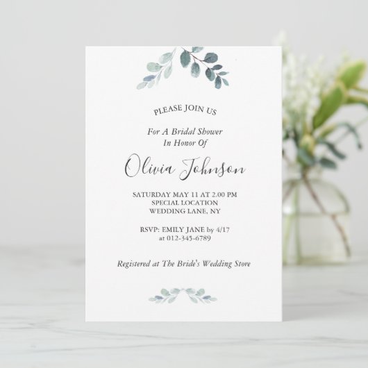 Einfaches Elegantes Eukalyptus-Brautparty Einladung (Stehend Vorderseite)