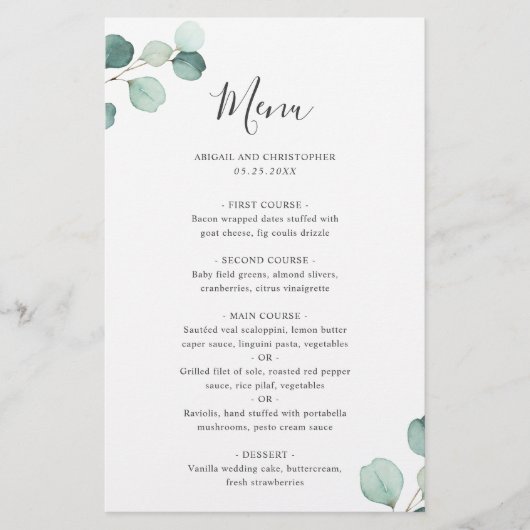 Einfaches elegantes Eukalyptus Rustic Wedding Menu (Vorderseite)