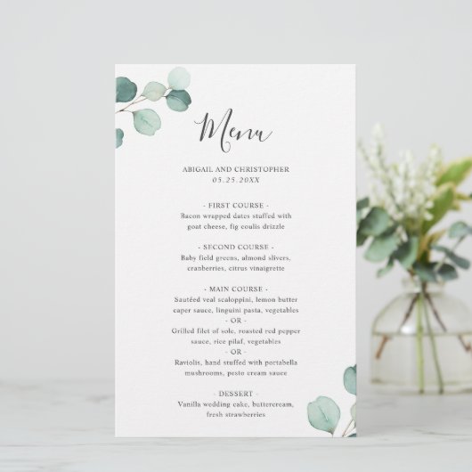 Einfaches elegantes Eukalyptus Rustic Wedding Menu (Stehend Vorderseite)