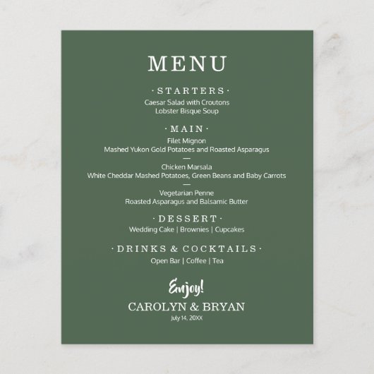 Einfaches elegantes Evergreen Wedding Menu (Vorderseite)